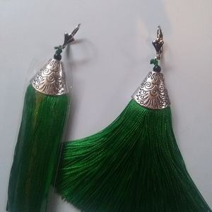 Handmade Tassel Earrings W Antique Silver Cap 3.5"